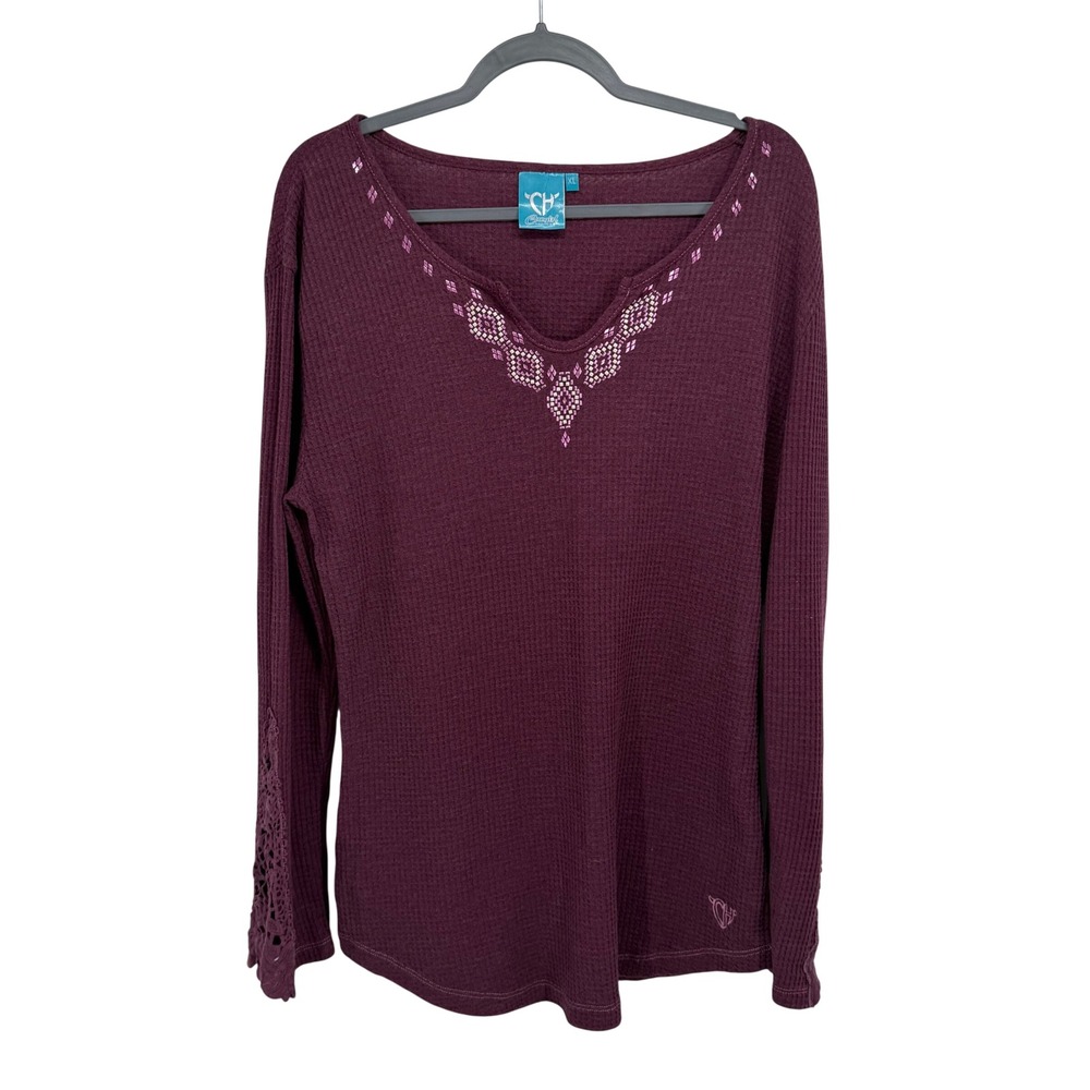 Cowgirl Hardware Womens XL Burgundy Waffle Knit Rhinestone Crochet Thermal Top‎